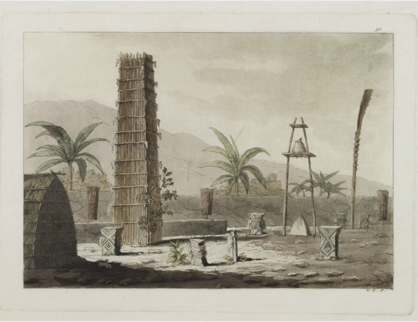 Print depicting a heiau on the island of Kauai, showing stone platform and tall tower constructed of earthen materials.