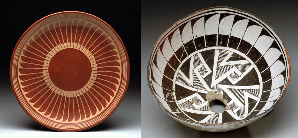 Two plates with radiating feather designs; left in orange/red color and right in brown/white.