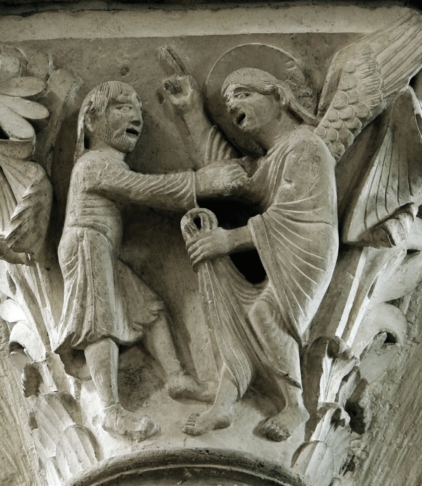 Photo of relief sculptures of Jacob and the angel from Old Testament.