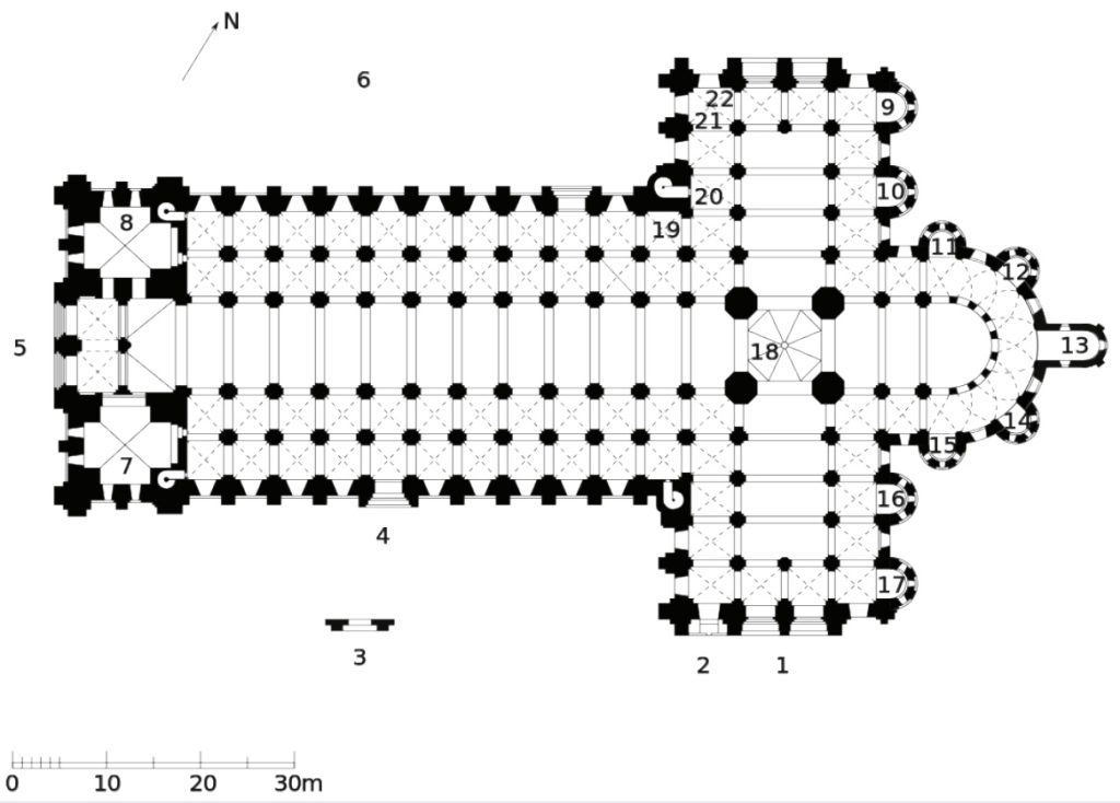Diagram showing floor plan of church where visitors can walk around ring of chapels in apse.