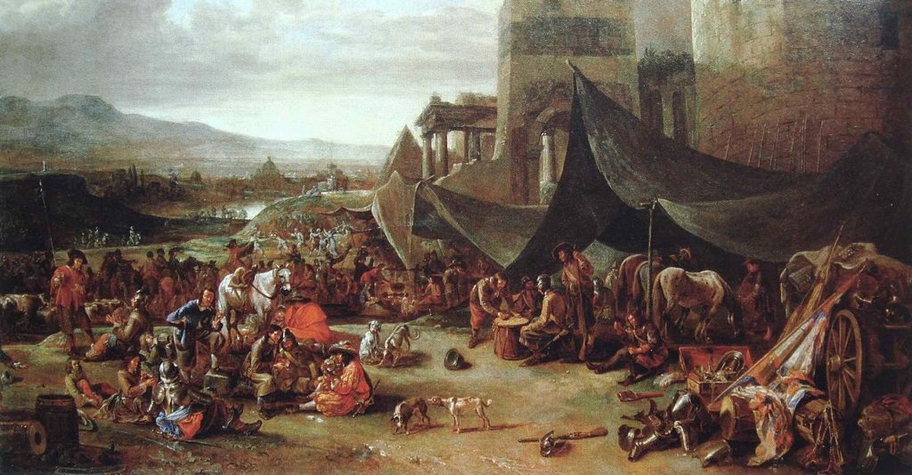 Image of the Sack of Rome of 1527 by Johannes Lingelbach. Depicted are various people under tents with horses and dogs. All crowd around.