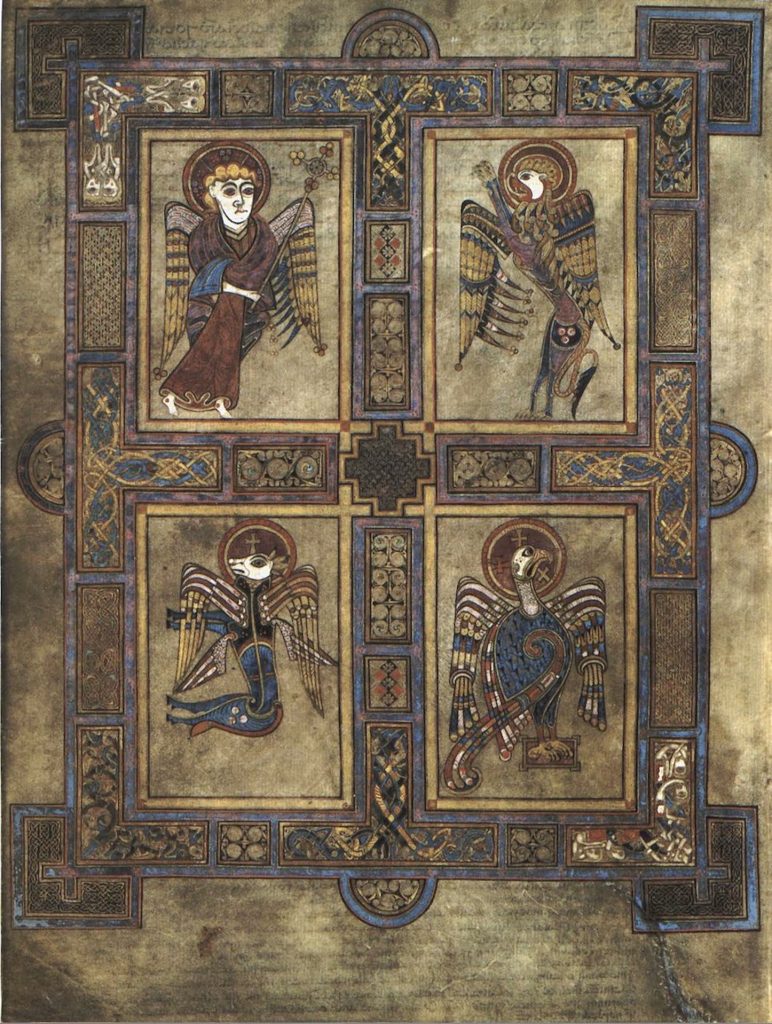 Image of a folio from the Book of Kells that shows 4 panels with evangelist symbols.