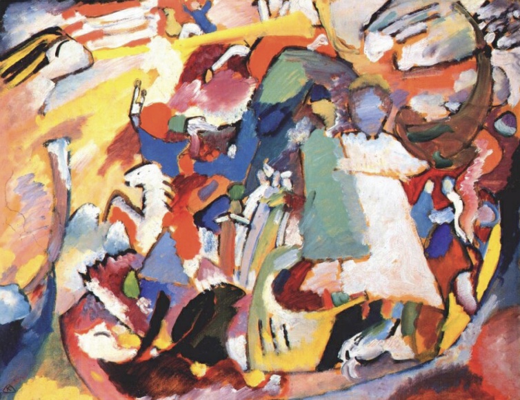 Brightly colored painting of angels.