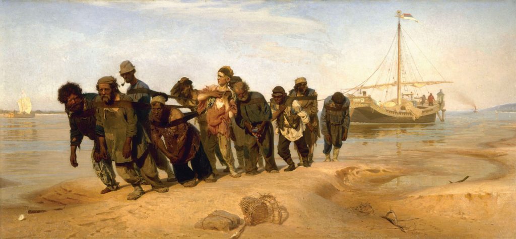 Painting depicting men bringing river barges to shore for unloading, looking exhausted.