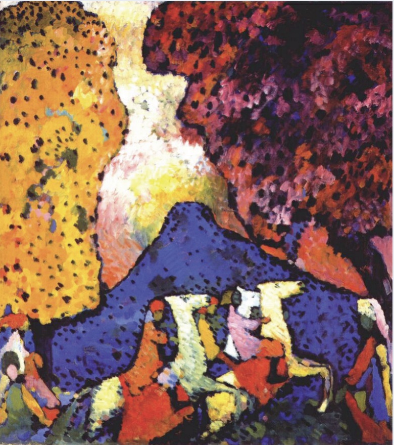Brightly colored painting of blue moutain with vivid colors in foreground and background.