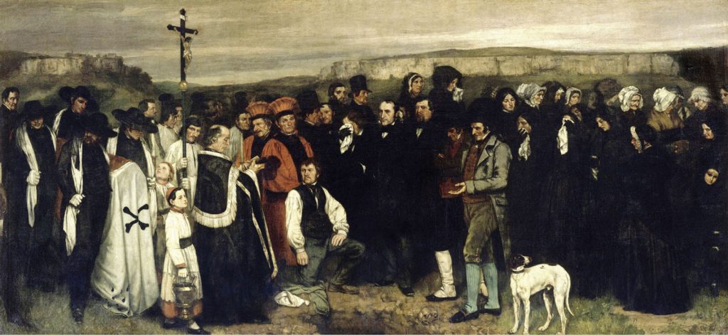Painting depicting a country funeral with a group of common folk standing awkwardly in disarray.