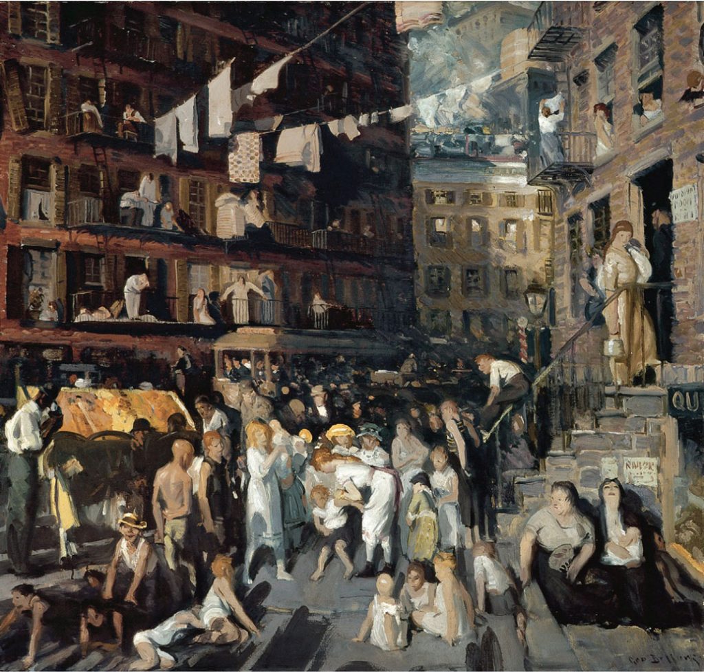 Painting depicting a crowd and chaos in a neighborhood in lower East Side New York City on hot summer day.
