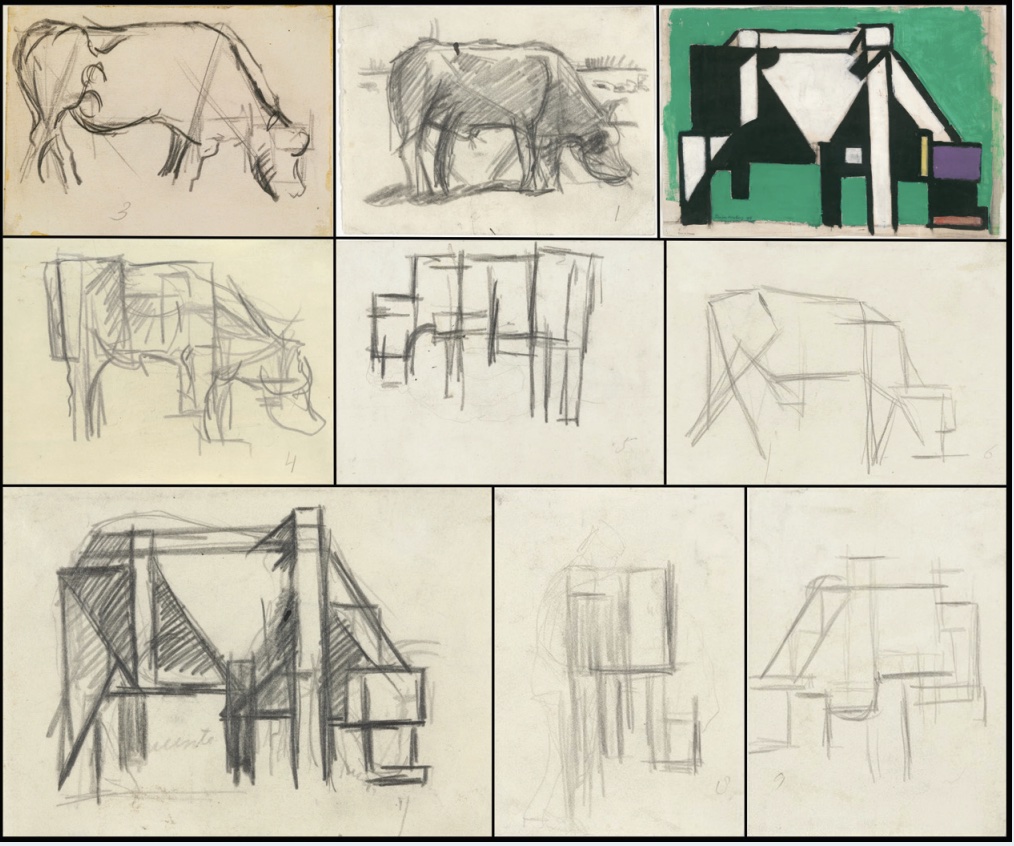 Several pencil drawings of a cow in naturalist and abstract views.