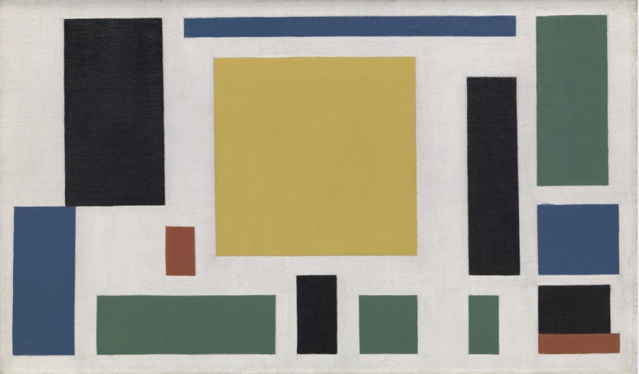 Painting of several large and small blocks of color in green, yellow, blue, black, red.
