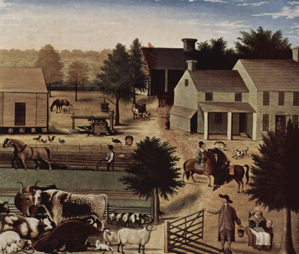 Painting of homestead and pasture with farm animals and horses with people at work.