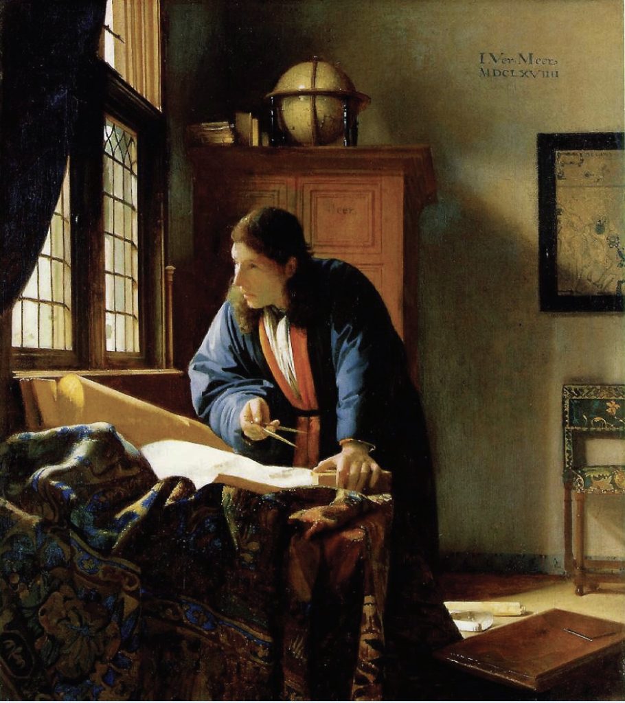 Painting depicting robed man leaning over and studying map next to window.