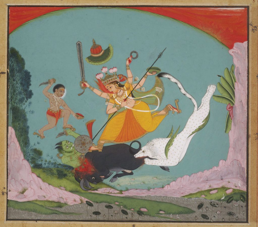 Painting depicting Hindu Goddess Durga slaying a buffalo demon with various weapons.