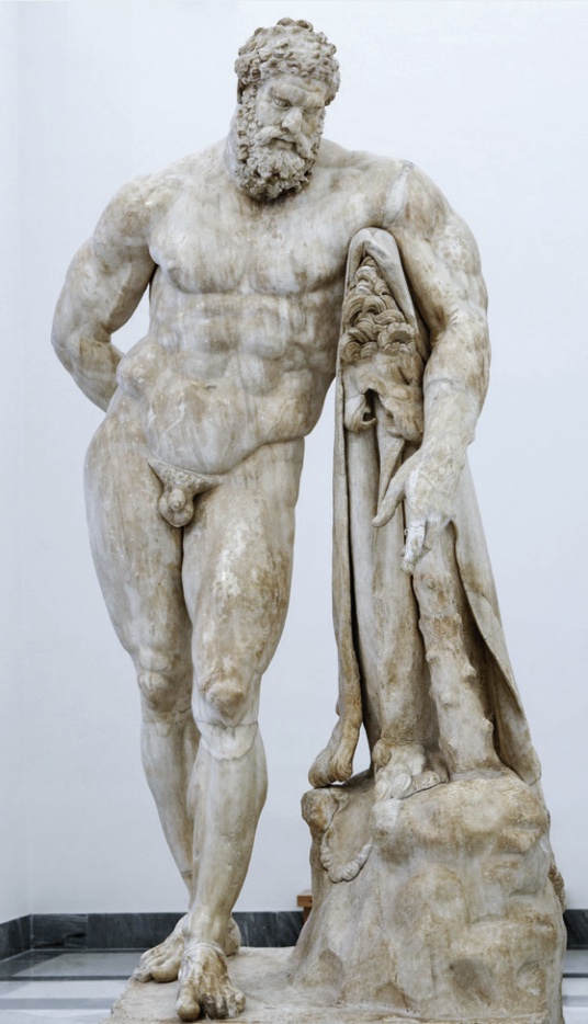 Photo of sculpture of nude male with beard.