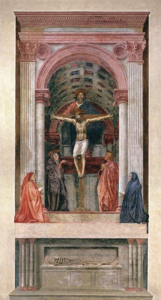 Painting depicting the crucifixion of Christ, with God behind and above him supporting cross, Mary and St. John on side.