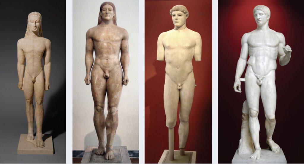 Photo of four different sculptures of the nude male.