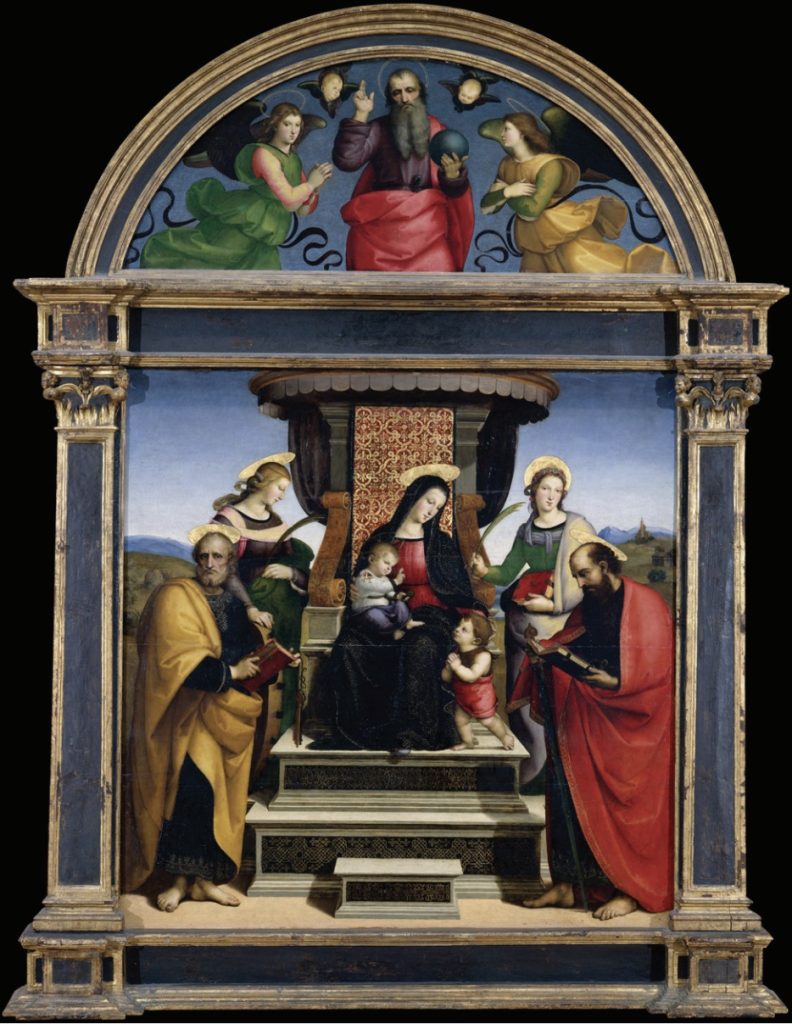 Painting depicting the Madonna holding child in arms with another child at side and surrounded by onlookers, all with halos.