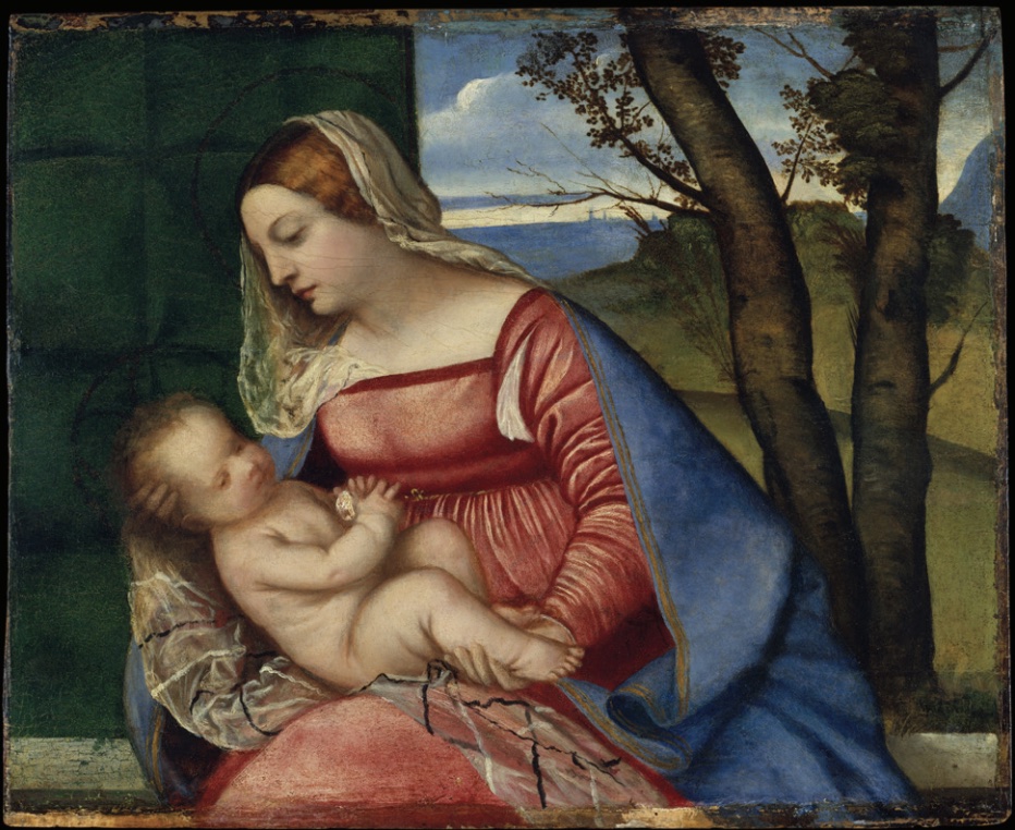 Painting depicting the Madonna holding baby Jesus in lap and peering down at him.