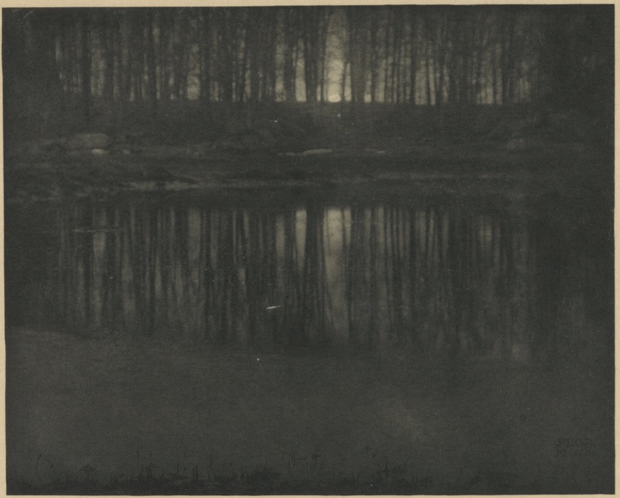 Painting depicting a pond and trees along far edge in hazy moonlight.