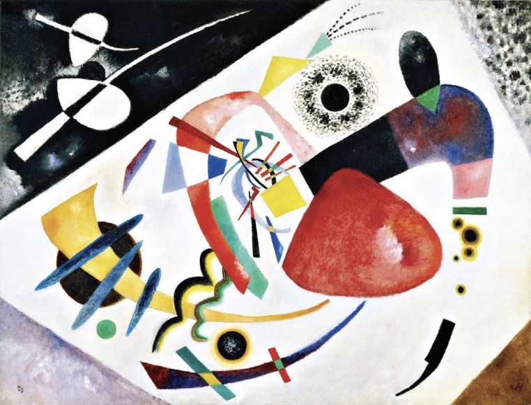 Painting of several large and small abstract shapes with larger red spot toward center.