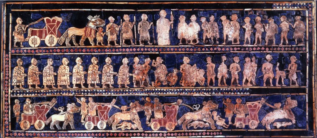 Image of a panel depicting several soldiers with carriages and horses readying for war.