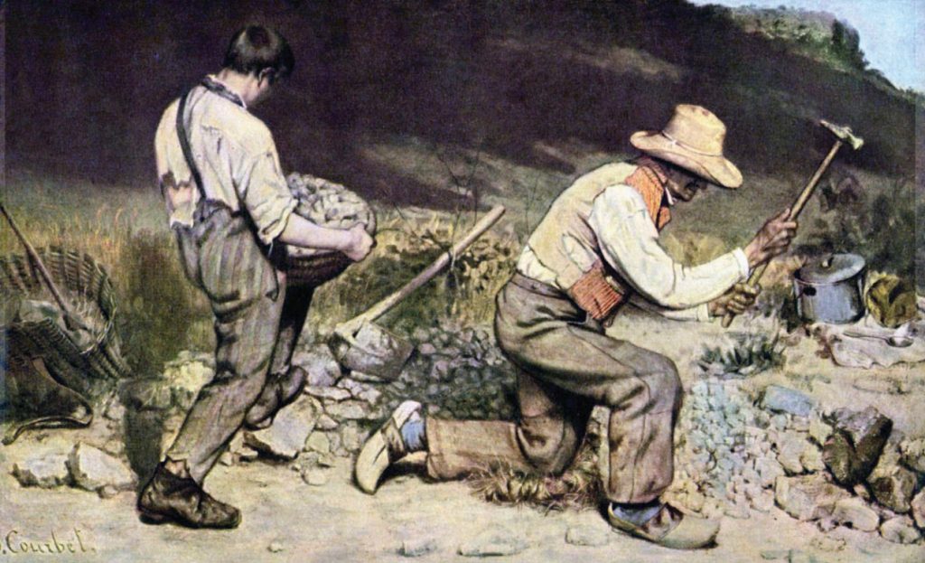 Painting depicting two peasns wielding hammers and breaking up stone, doing hard labor.