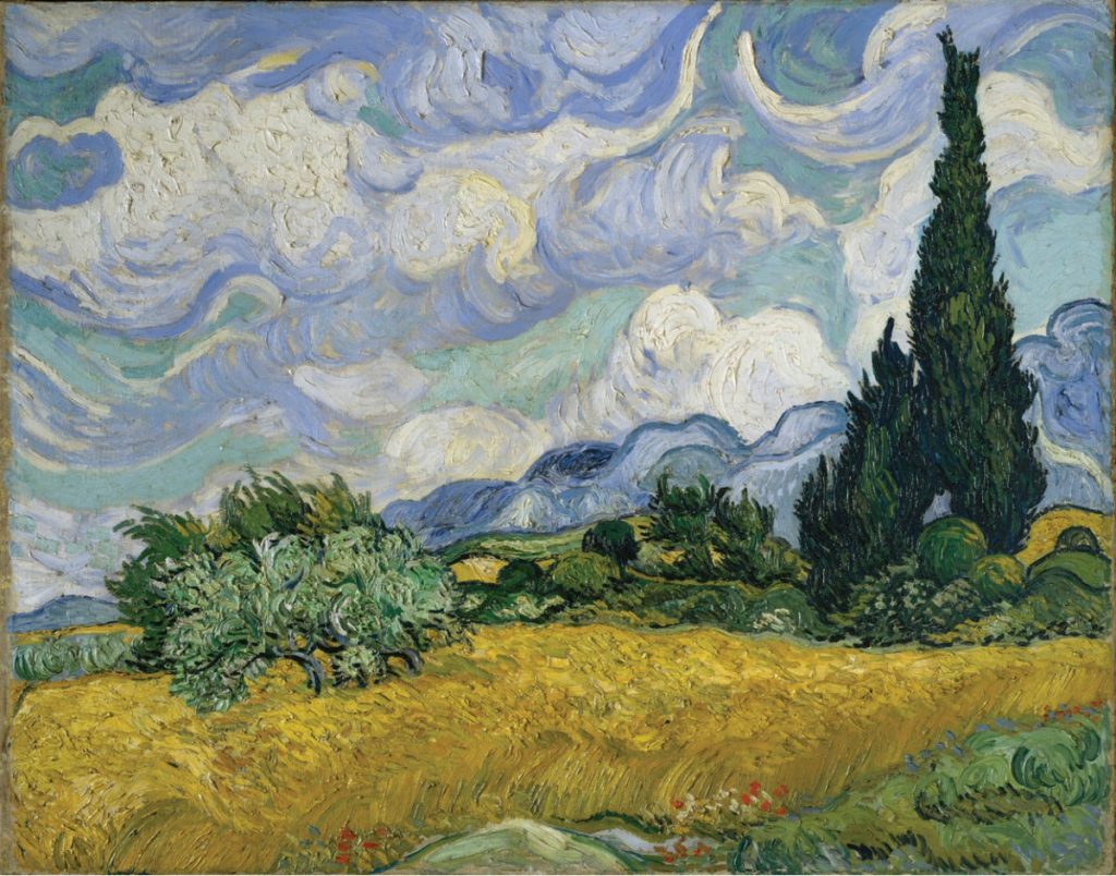 Painting depicting wheat field with cypress trees and swirling clouds in blues, greens, and yellows.