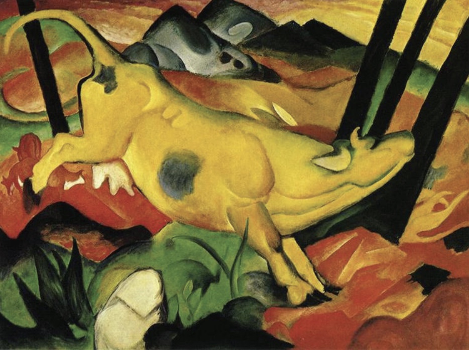 Painting of yellow cow lowing with brightly colored red and greeen hills in background.