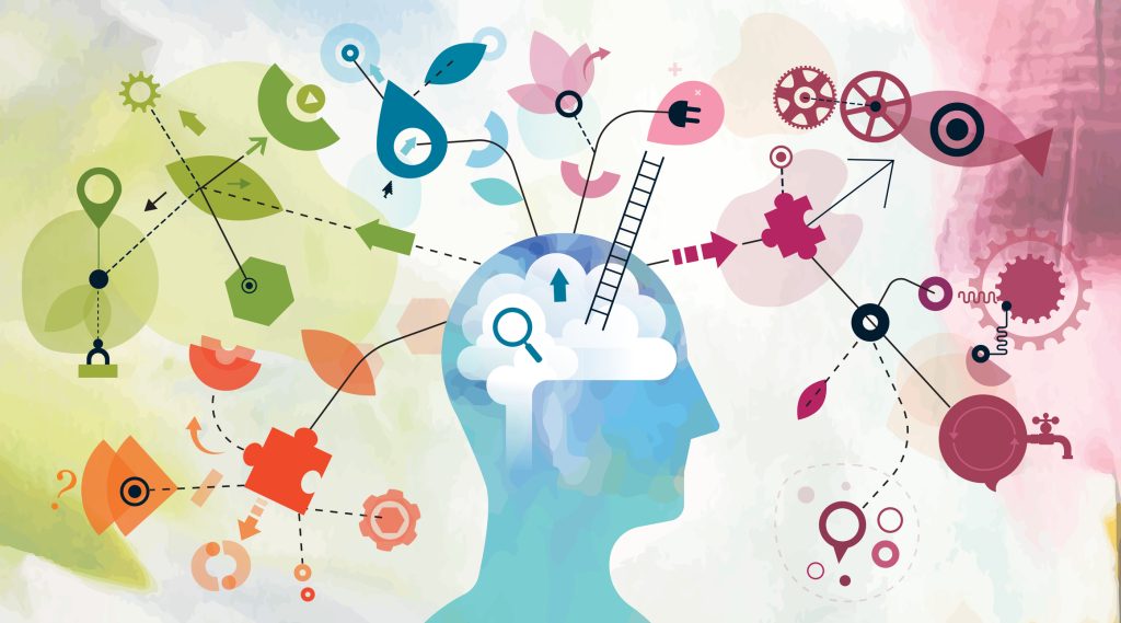 Illustration montage made from two different vectorised acrylic paintings and vector elements showing one person mind mapping.
